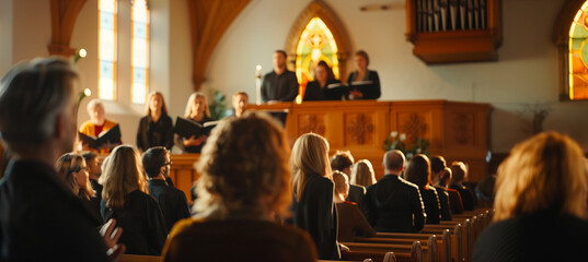 Naklejka premium featuring a choir rehearsing in a church, their harmonious singing filling the space, with listeners in the background enjoying the music, church, conference, with copy space