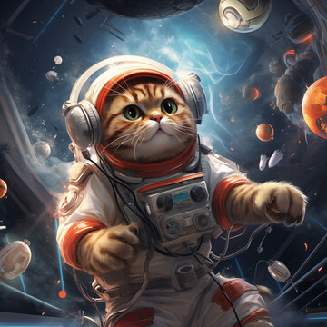 cat in space aindeer in space fiying and meeting soccor and playing games