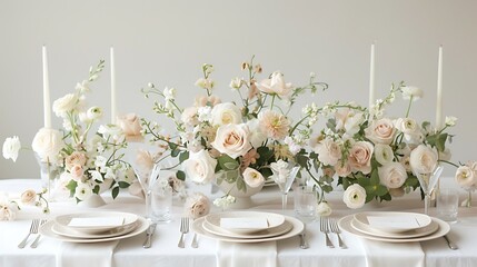 A romantic wedding table arrangement complete with delicate place settings and fragrant flowers, set against a backdrop of timeless white elegance.