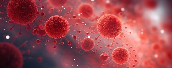 Red and grey illustration of virus cells.