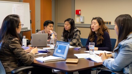 Group of people discussing in a meeting, great for themes of teamwork, education, and professional development.