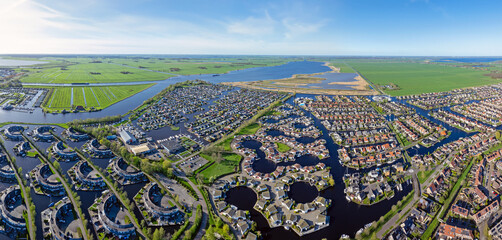 Aerial panorama from houses and boats in the city Lemmer in Friesland the Netherlands