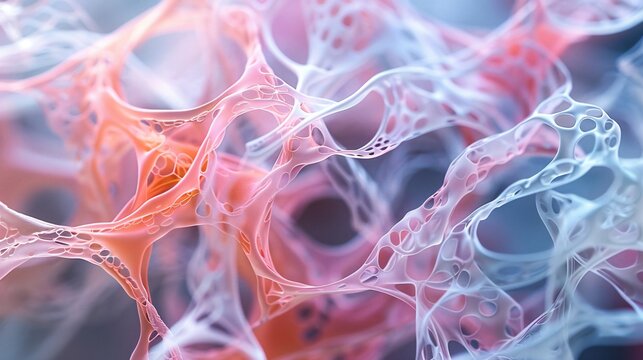Detailed image of collagen fibers intertwined with vibrant, glowing elastin in a cellular dance.