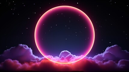 Fototapeta premium Glowing neon ring circle on a dark background with clouds or smoke. Decorative horizontal banner. Digital raster bitmap photo style illustration. Purple, pink and blue colors. AI artwork. 