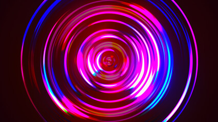 Colorful concentric neon circle. Multicolor RGB swirl background. Neon futuristic abstract magic circle. Spiral illustration. Wavy pattern. 3D rendering.