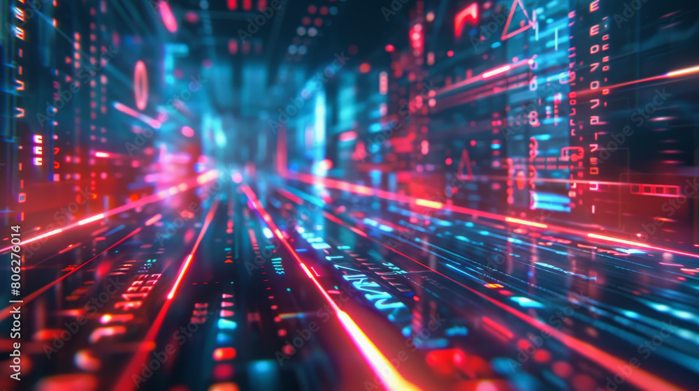 Poster the image depicts a digital 3d render of a futuristic data stream or cyberspace tunnel with glowing 