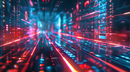 The image depicts a digital 3D render of a futuristic data stream or cyberspace tunnel with glowing neon lights and abstract technological elements.