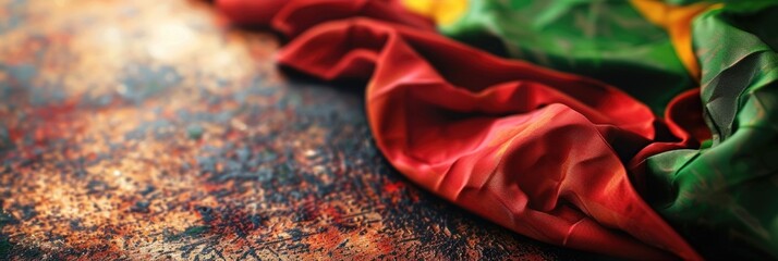 horizontal banner, celebration of Portugal day, flag of Portugal, texture of crumpled fabric on the background of a concrete wall, copy space, free space for text