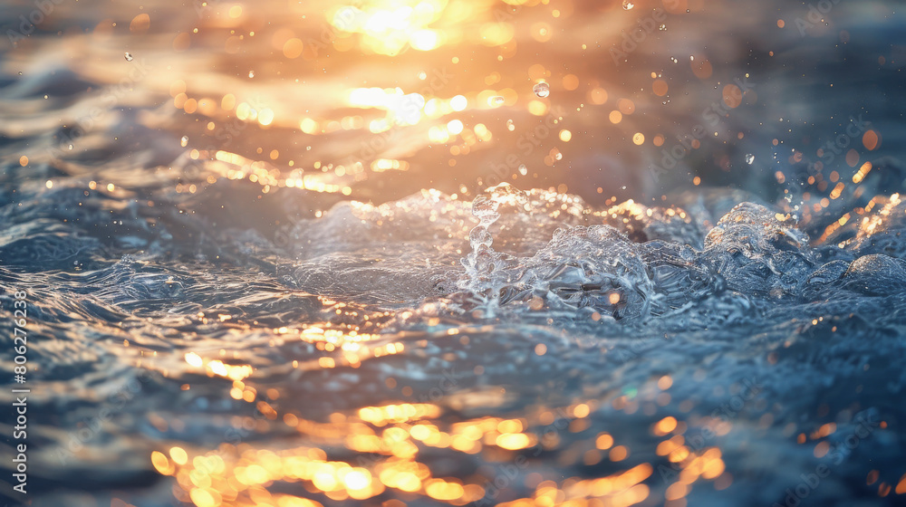 Poster sunset light reflecting on agitated water surface, creating a sparkling texture with golden hues and