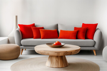Scandinavian chic. Loft living room with wooden coffee table, grey sofa, and vibrant red accents