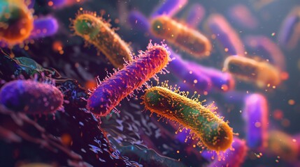 Naklejka premium Festive bacteria celebrating on the dermal layer, glowing under a microscopic lens