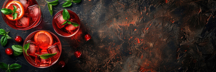 horizontal banner, Portugal day celebration, citrus cocktail glasses, fruity alcoholic cocktail with ice, cherry and mint, top view, dark background, copy space for text