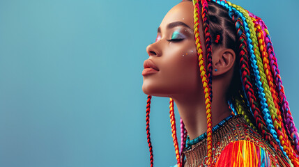 Portrait of a beautiful woman with long rainbow braids, colorful fashion photography. Copy space. Minimalistic. LGBT theme.