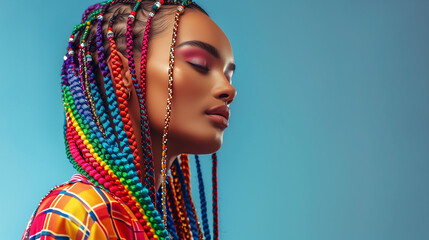 Beautiful woman with long rainbow braids, colorful fashion photography. Copy space. Minimalistic.