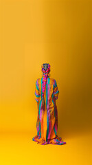 Full body  beautiful woman with long rainbow braids, colorful fashion photography. Copy space. Minimalistic style. 