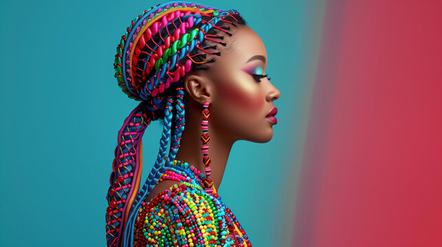 Portrait of a beautiful woman with long rainbow braids, colorful fashion photography. Copy space. Creative hairstyle. - Powered by Adobe