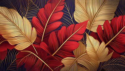 Abstract luxury art background with exotic tropical leaves in red and gold in line style.