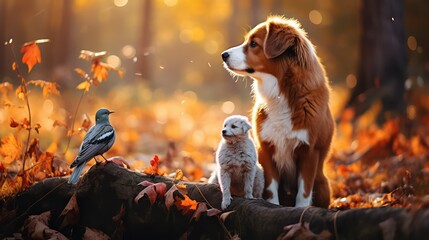 Adorable puppy and dog in the autumn park. Pet care concept.