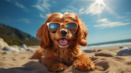 Cocker Spaniel dog in sunglasses on the beach. Summer holidays concept.