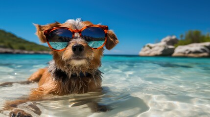 Cute dog with sunglasses on the beach under clear water, summer vacation concept.