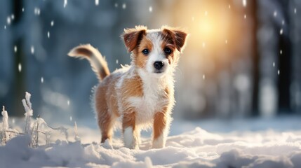 Cute Jack Russell Terrier puppy in the winter forest. Pet animals.