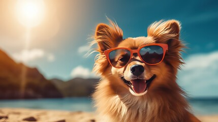 Cute dog in sunglasses on the beach at sunset, travel concept