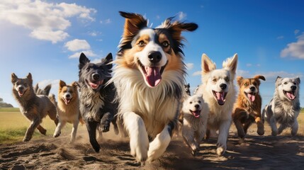 Group of dogs running in a meadow having fun