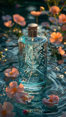 Sublime Image of a Perfume Bottle Surrounded by Vibrant Pink Blossoms on Rippling Water at Sunset