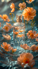 Artistically Captured Perfume Bottle Amidst a Delicate Display of Floating Cosmos Flowers in a Dreamy Water Setting