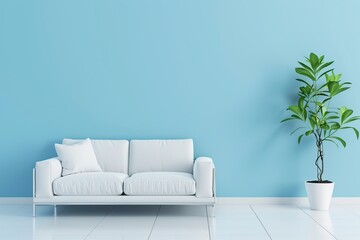 blue wall background with white sofa and green plants beside it.