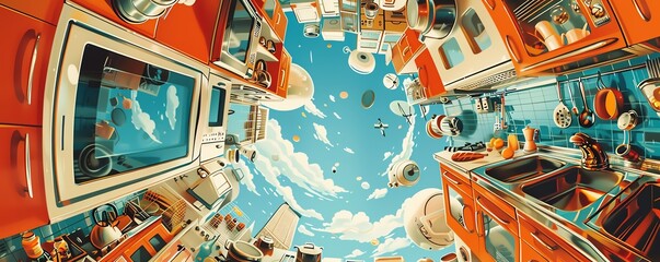 A surreal painting of a kitchen with the appliances and cabinets floating in the sky