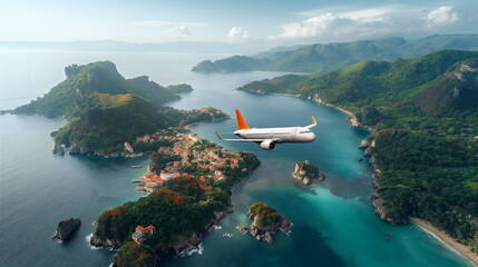 Airplane flying over picturesque coastal islands at sunset