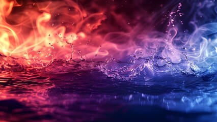 Dramatic and Dynamic Closeup of Fiery Water with Splashes and Ripples. Concept Fire and Water, Closeup Photography, Dynamic Composition, Dramatic Lighting, Synchronized Movements