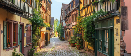 Historic German town with picturesque half-timbered houses and cobblestone streets under clear blue...