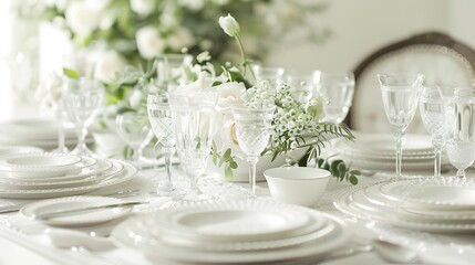 A tastefully decorated wedding table featuring fine china and sparkling glassware, set against a backdrop of pure white elegance.