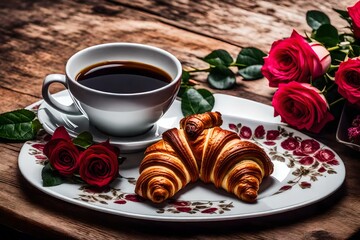 Red roses, cup of coffee and croissants in a plate on wooden background.