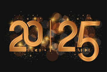 biglietto o banner per augurare un felice anno nuovo 2025 in oro e nero su sfondo nero con cerchi con effetto bokeh