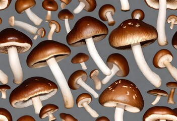Groups of mushrooms on a grey background.