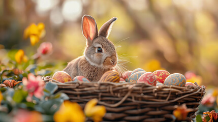 Fototapeta na wymiar AI generative. Cute little bunny In Basket With Decorated easter Eggs