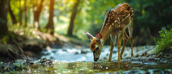 A beautiful deer gracefully drinking from a peaceful forest stream under a tranquil canopy.