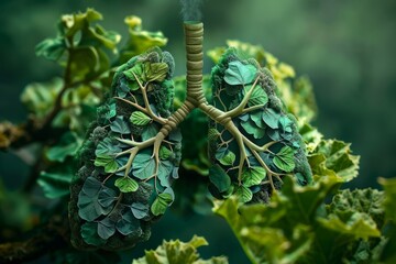 Closeup of human lungs with intricate green leaf patterns digitally altered onto the surface