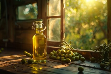 Fresh extra virgin cold-pressed olive oil bottle placed beside a bunch of green olives