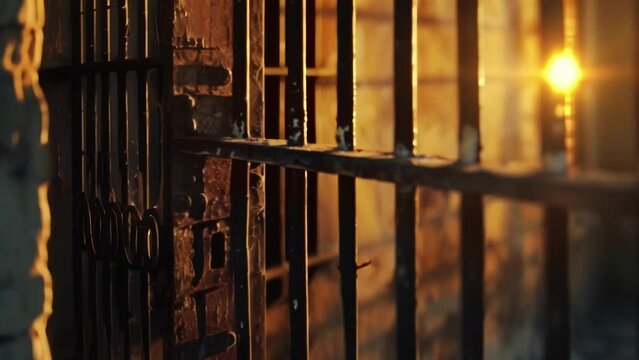 The western sunset casts deep shadows through the wrought iron bars of the abandoned prison its wooden doors long since decayed. 2d flat cartoon.
