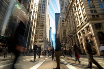 Busy city street during rush hour, group of people walking across street next to tall buildings