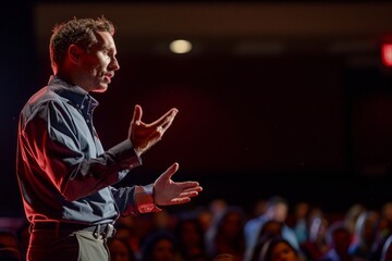 A man passionately delivers a keynote speech on stage in front of a large crowd of people