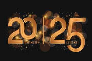 karta lub baner z życzeniami szczęśliwego nowego roku 2025 w kolorze złotym i czarnym na czarnym tle z kółkami z efektem bokeh