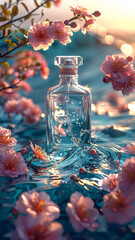 Magical Light Infuses a Perfume Bottle with Sparkling Water Drops and Pink Blossoms in a Luminous Floral Scene