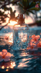 Ethereal Scene of a Perfume Bottle Cascading with Bubbles Amongst Pink Flowers in a Mystical Aquatic Setting