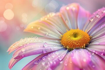 Detailed view of a daisy flower showcasing vibrant petals covered in raindrops