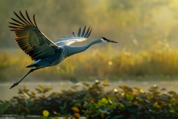 Naklejka premium A crane gracefully flies over a body of water in lush wetlands, its wings spread wide